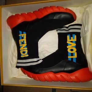Fendi Men's Black and Red Boots with Blue Accents